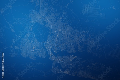 Stylized map of the streets of Abijan (Ivory Coast) made with white lines on abstract blue background lit by two lights. Top view. 3d render, illustration photo