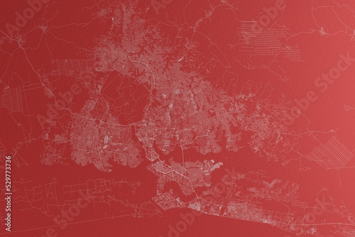 Map of the streets of Abijan (Ivory Coast) made with white lines on red paper. Top view, rough background. 3d render, illustration photo