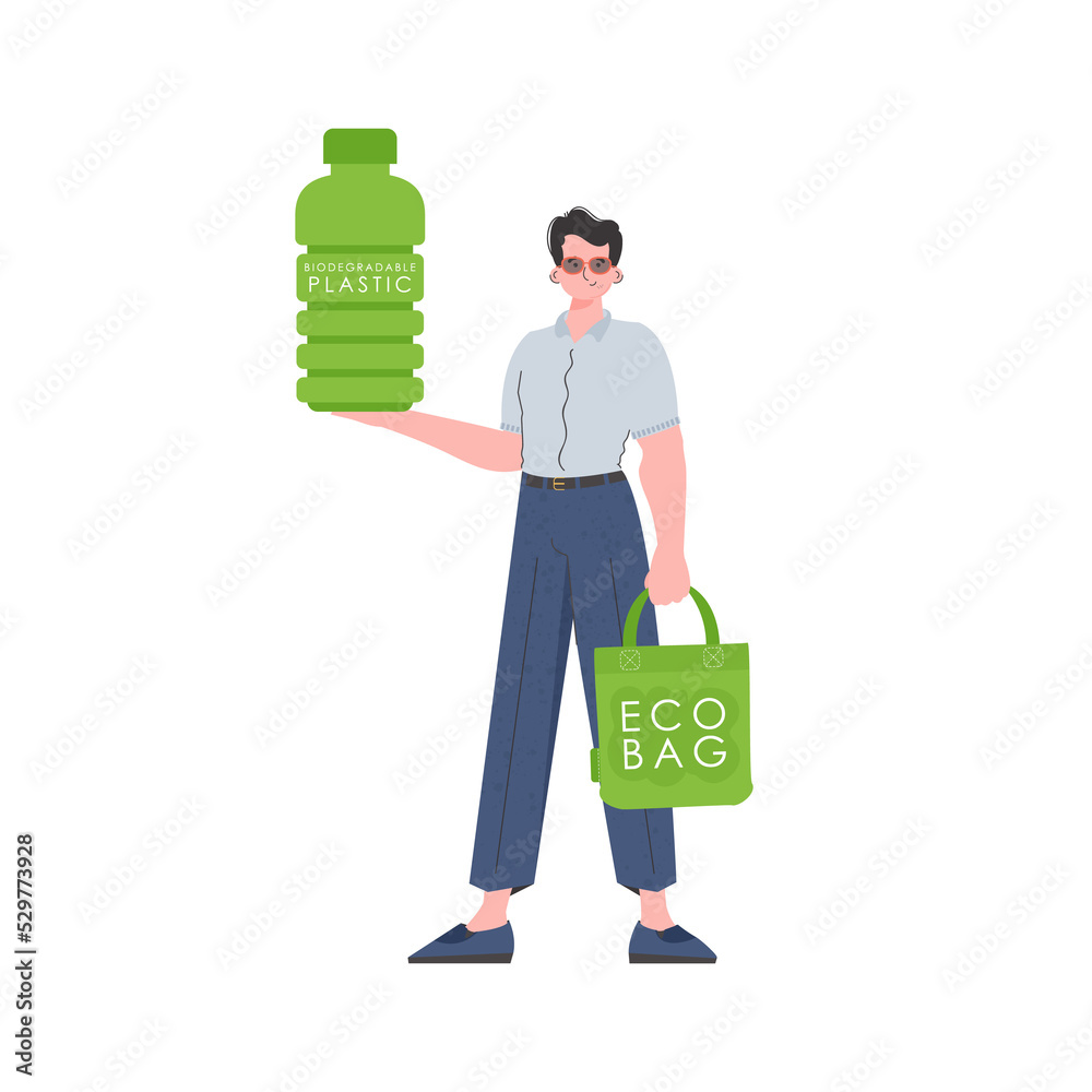 A man holds a bottle made of biodegradable plastic in his hands. The concept of ecology and care for the environment. Fashion trend illustration in A man holds a bottle made of biodegradable plastic in his hands. The concept of ecology and care for the environment. Fashion trend illustration in