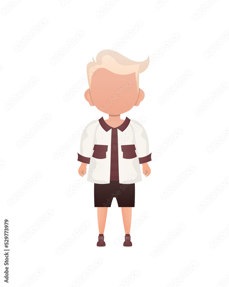 Fair-haired little boy, preschool age in a shirt and shorts.     in cartoon style.