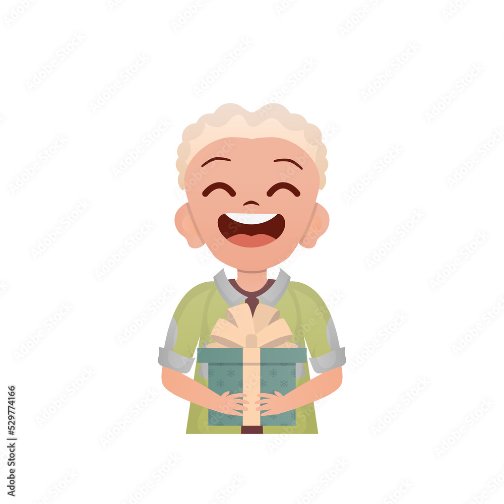 A small teenage boy is depicted waist-deep and holding a box with a bow in his hands. Birthday, New Year or holidays theme. Cartoon style,