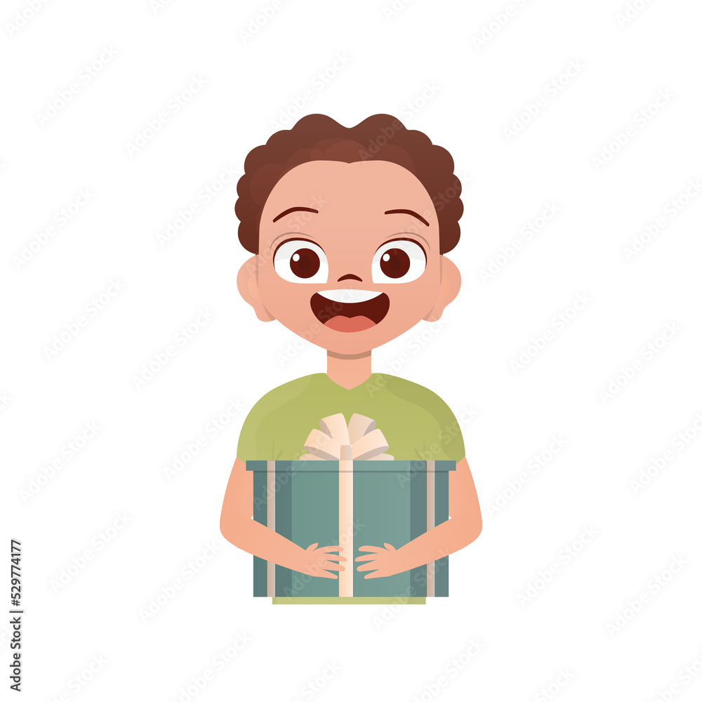 A small boy child is depicted waist-deep and holding a gift box in his hands. Birthday, New Year or holidays theme. Cartoon style,