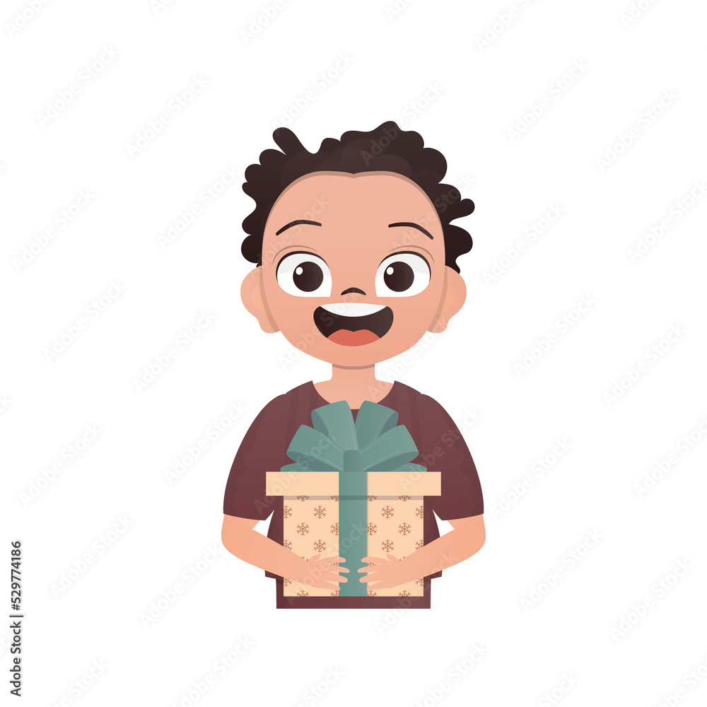 A small boy child is depicted waist-deep and holding a gift in his hands. Birthday, New Year or holidays theme. Cartoon style A small boy child is depicted waist-deep and holding a gift in his hands. Birthday, New Year or holidays theme. Cartoon style