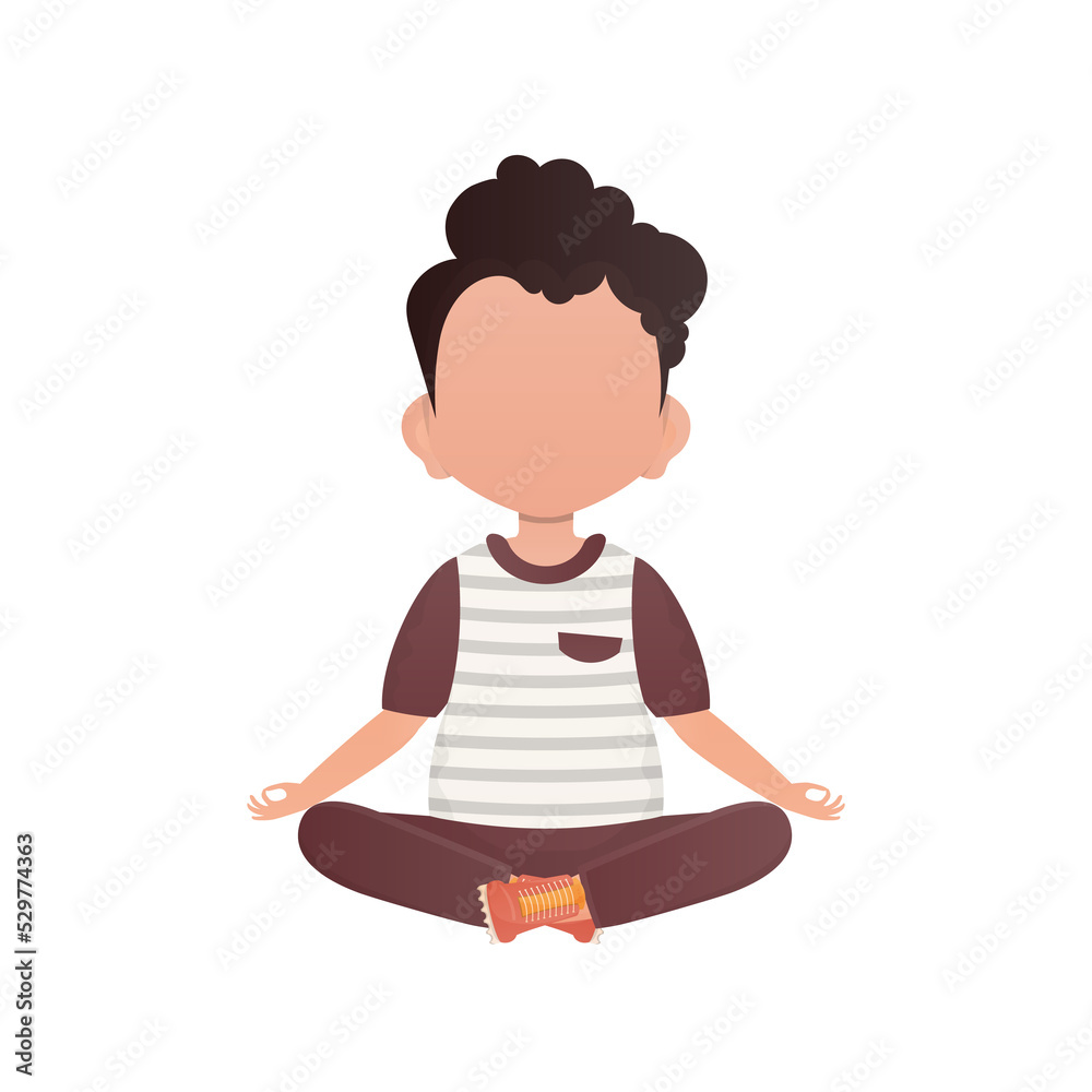 Little boy meditates in the lotus position. Cartoon style. Little boy meditates in the lotus position. Cartoon style.