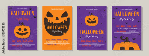 Halloween Party poster with funny pumpkin.  Collection of brochures. Vector illustration