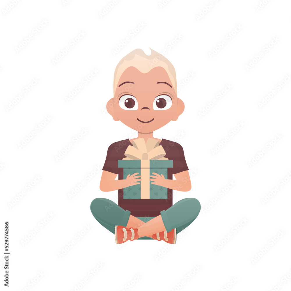 A little teen boy sits in a lotus position and holds a box with a bow in his hands. Birthday, New Year or holidays theme. Cartoon style,