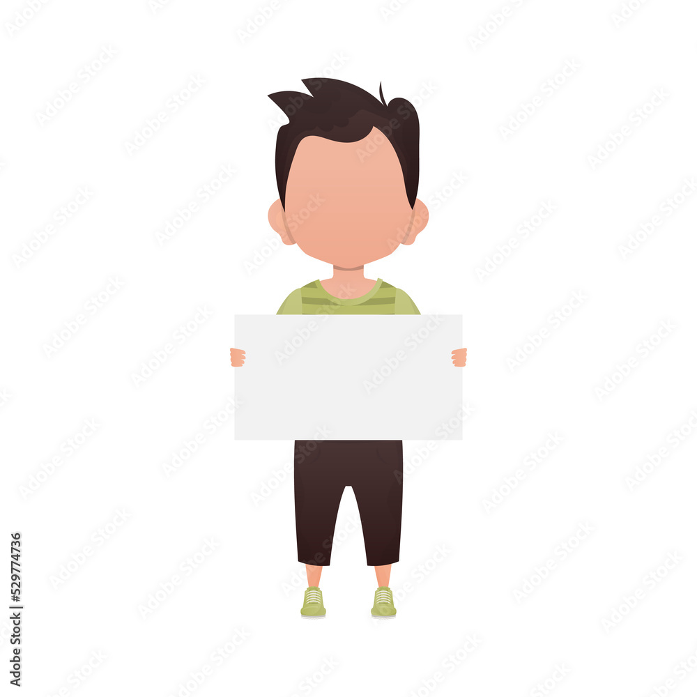 A cute preschool boy with a blank banner. Cartoon style. . A cute preschool boy with a blank banner. Cartoon style. .