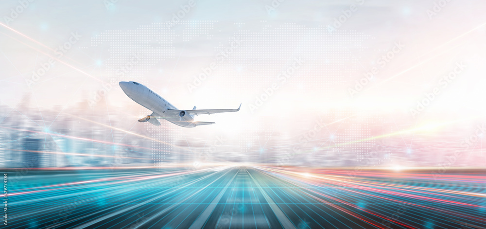 Technology digital future of commercial air transport concept, Airplane taking off from airport runway on city skyline and world map background with copy space, Moving by speed motion blur effect Technology digital future of commercial air transport concept, Airplane taking off from airport runway on city skyline and world map background with copy space, Moving by speed motion blur effect