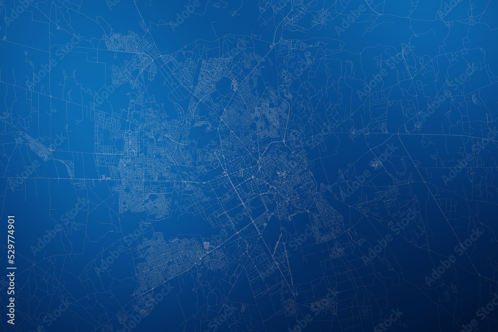 Stylized map of the streets of Marrakesh (Morocco) made with white lines on abstract blue background lit by two lights. Top view. 3d render, illustration
