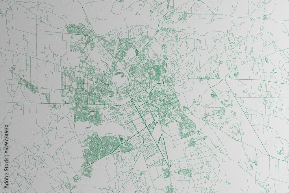 Map of the streets of Marrakesh (Morocco) made with green lines on white paper. 3d render, illustration