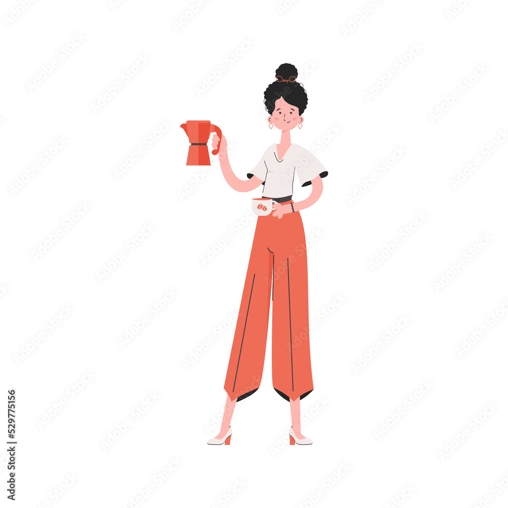 A woman stands in full growth in her hands a cup. Element for presentations, sites. A woman stands in full growth in her hands a cup. Element for presentations, sites.