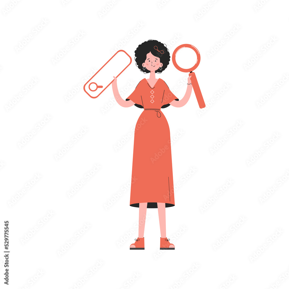 A woman stands in full growth with a web search bar. Element for presentations, sites. A woman stands in full growth with a web search bar. Element for presentations, sites.