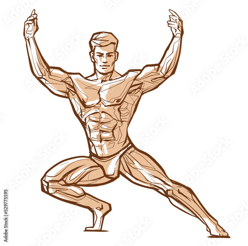 Fitness men posing. Muscular man stands, rippling athlete. Vector drawing