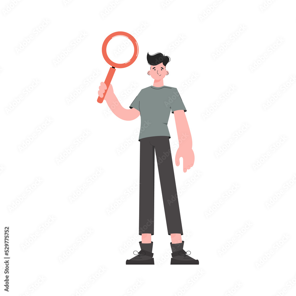 The HR manager stands in full growth and holds a magnifying glass in his hands. Element for presentations, sites. The HR manager stands in full growth and holds a magnifying glass in his hands. Element for presentations, sites.