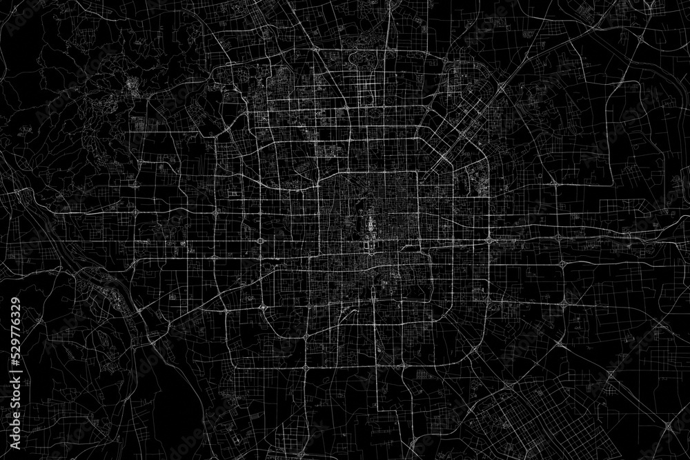 Stylized map of the streets of Beijing (China) made with white lines on black background. Top view. 3d render, illustration