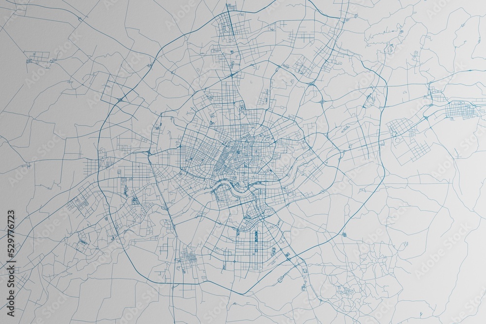 Map of the streets of Shenyan (China) made with blue lines on white paper. 3d render, illustration Map of the streets of Shenyan (China) made with blue lines on white paper. 3d render, illustration
