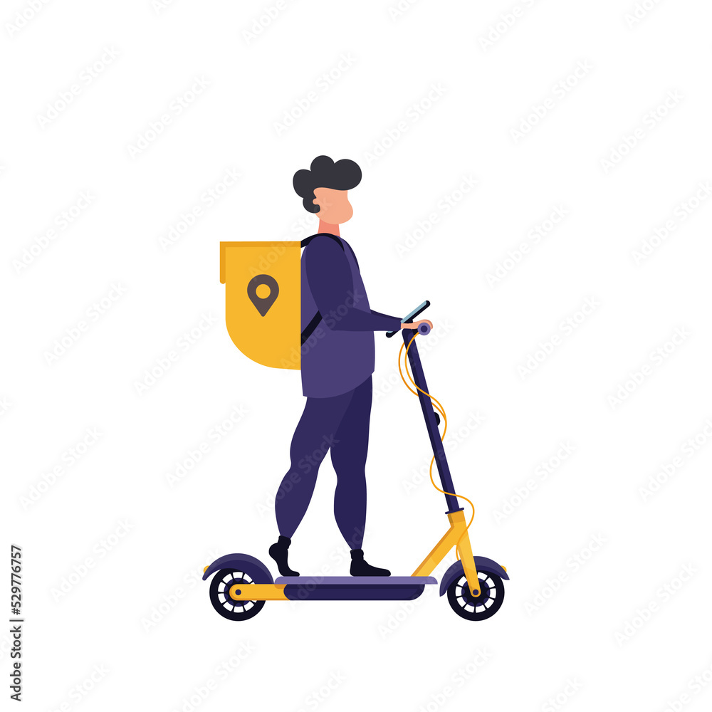 The courier rides on an electric scooter. Delivery concept. Isolated dynamic vector flat illustration. The courier rides on an electric scooter. Delivery concept. Isolated dynamic vector flat illustration.