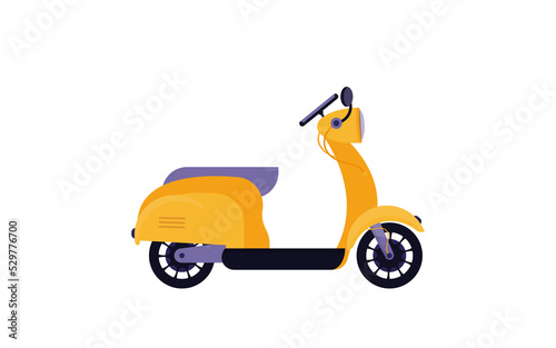 Yellow retro scooter on a white background. Classic motor scooter, side view. Vector flat illustration.