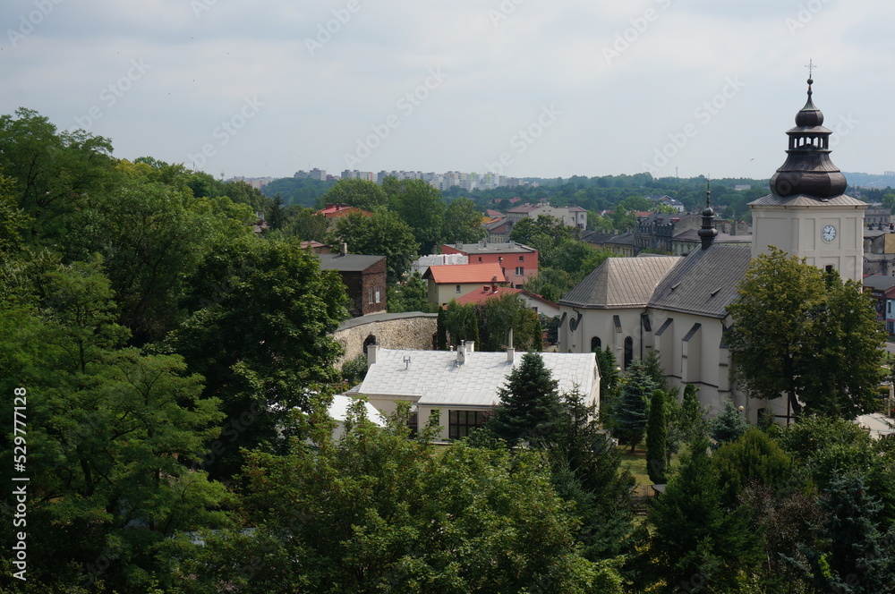 City view. One of the oldest towns of historic Lesser Poland. Tower of  St. Trinity Church on the right. Bedzin, Poland.