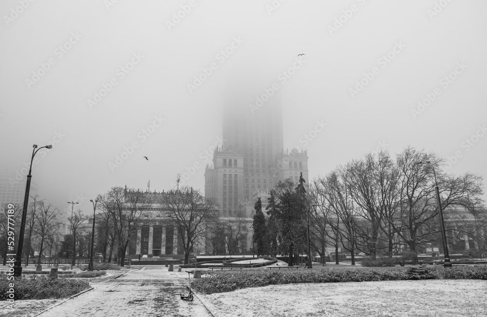 Palace of Culture and Science in Warsaw on a foggy cold winter day Palace of Culture and Science in Warsaw on a foggy cold winter day