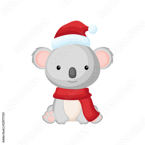 Cute little koala sitting in a Santa hat and red scarf. Cartoon animal character for kids t-shirts, nursery decoration, baby shower, greeting card, invitation. Isolated vector stock illustration © Jexy
