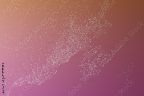 Map of the streets of Cebu (Philippines) made with white lines on pinkish red gradient background. Top view. 3d render, illustration