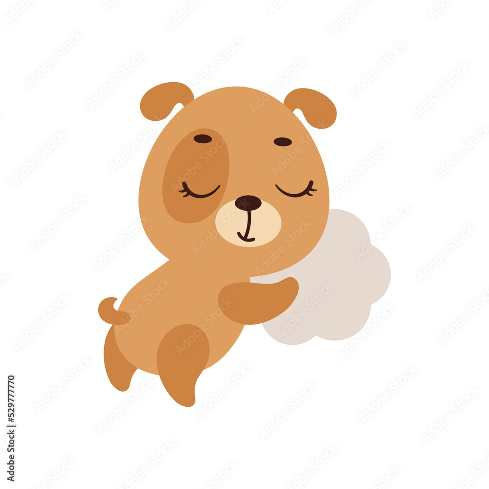 Cute little dog sleeping on cloud. Cartoon animal character for kids t-shirt, nursery decoration, baby shower, greeting cards, invitations, house interior. Vector stock illustration Cute little dog sleeping on cloud. Cartoon animal character for kids t-shirt, nursery decoration, baby shower, greeting cards, invitations, house interior. Vector stock illustration
