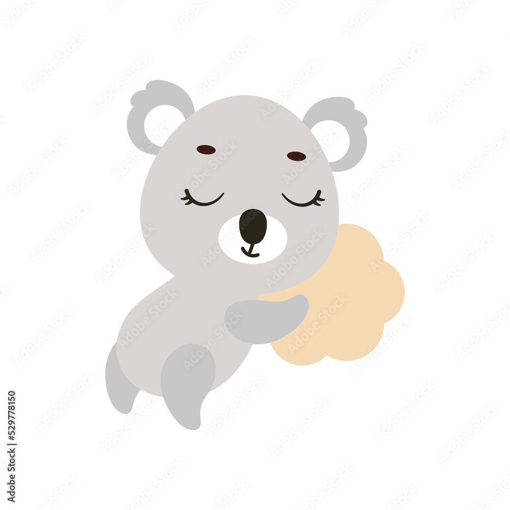 Cute little koala sleeping on cloud. Cartoon animal character for kids t-shirt, nursery decoration, baby shower, greeting cards, invitations, house interior. Vector stock illustration Cute little koala sleeping on cloud. Cartoon animal character for kids t-shirt, nursery decoration, baby shower, greeting cards, invitations, house interior. Vector stock illustration