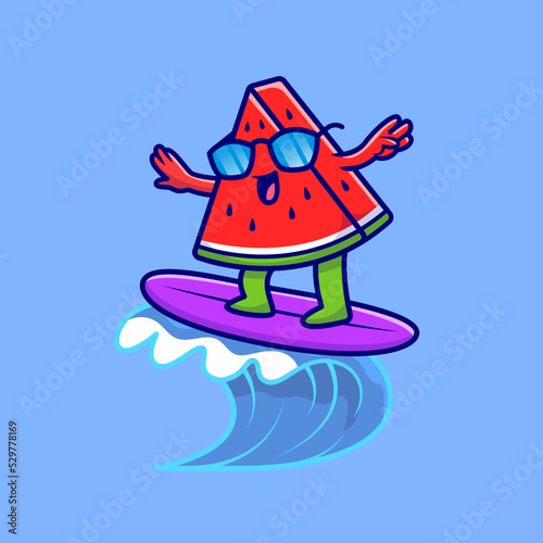 Cute Watermelon Surfing In The Sea Cartoon Vector Icon Illustration. Food Holiday Icon Concept Isolated Premium Vector. Flat Cartoon Style © catalyststuff