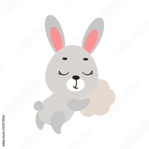Cute little bunny sleeping on cloud. Cartoon animal character for kids t-shirt  nursery decoration  baby shower  greeting cards  invitations  house interior. Vector stock illustration