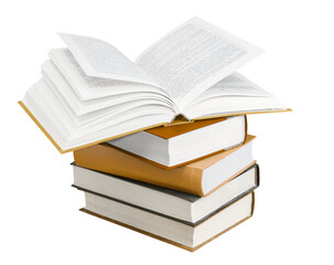 Stack of books and an opened book atop isolated on white