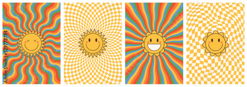 Wavy swirl pattern with cartoon happy smiles. Rainbow good vibes.