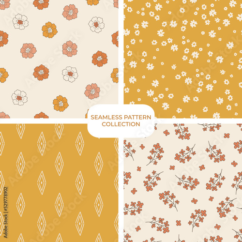Retro groovy floral pattern set, collection of fun warm floral digital papers, repeating background. Cohesive collection of 4 seamless pattern prints