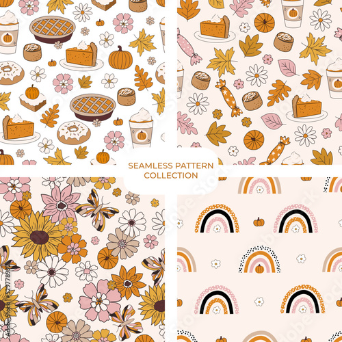Set of vector floral hand drawn seamless patterns. Cohesive collection of repeating backgrounds, digital papers for fabric, textile, scrapbook, wallpaper design