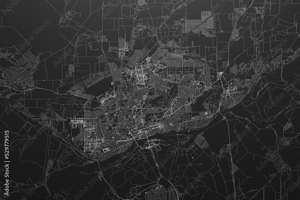 Street map of Rostov on Don (Russia) on black paper with light coming from top