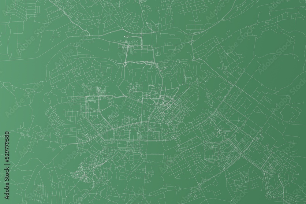 Stylized map of the streets of Smolensk (Russia) made with white lines on green background. Top view. 3d render, illustration