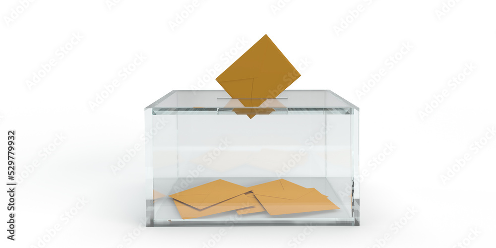 Inserting voting envelope in transparent ballot box, white background, copy space. Realistic 3D render illustration. Democratic Election concept. Confidential vote bulletin. Political theme, side view