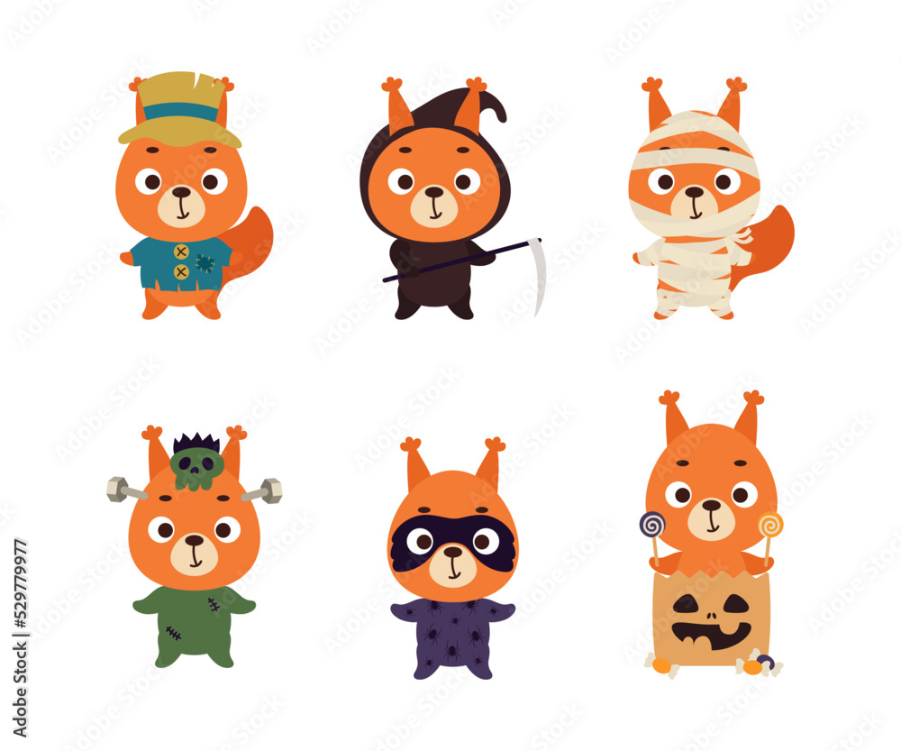 Obraz premium Cute Halloween squirrel set. Cartoon animal character collection for kids t-shirts, nursery decoration, baby shower, greeting card, invitation. Vector stock illustration