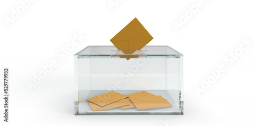 Inserting voting envelope in transparent ballot box, white background, copy space. Realistic 3D render illustration. Democratic Election concept. Confidential vote bulletin. Political theme, side view