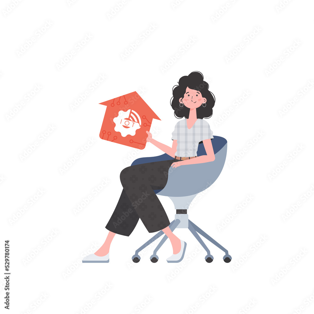 The girl sits in a chair and holds an icon of a house in her hands. Internet of things and automation concept. in flat style. The girl sits in a chair and holds an icon of a house in her hands. Internet of things and automation concept. in flat style.