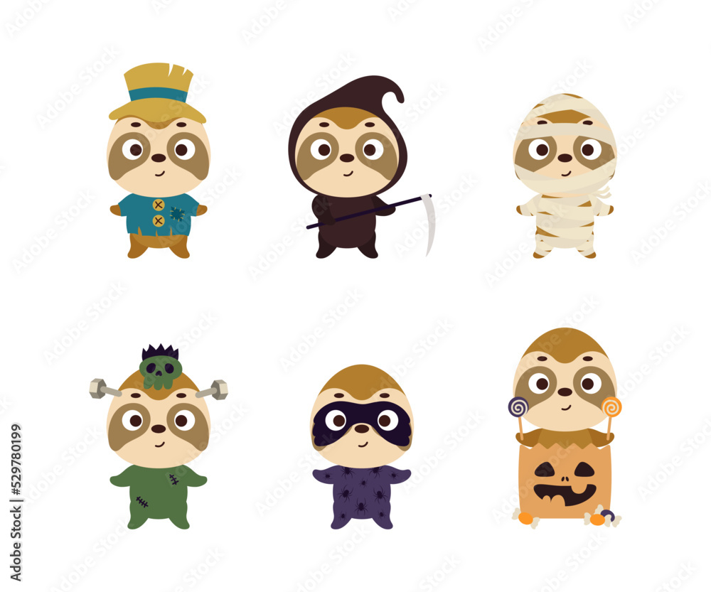 Cute Halloween sloth set. Cartoon animal character collection for kids t-shirts, nursery decoration, baby shower, greeting card, invitation. Vector stock illustration Cute Halloween sloth set. Cartoon animal character collection for kids t-shirts, nursery decoration, baby shower, greeting card, invitation. Vector stock illustration