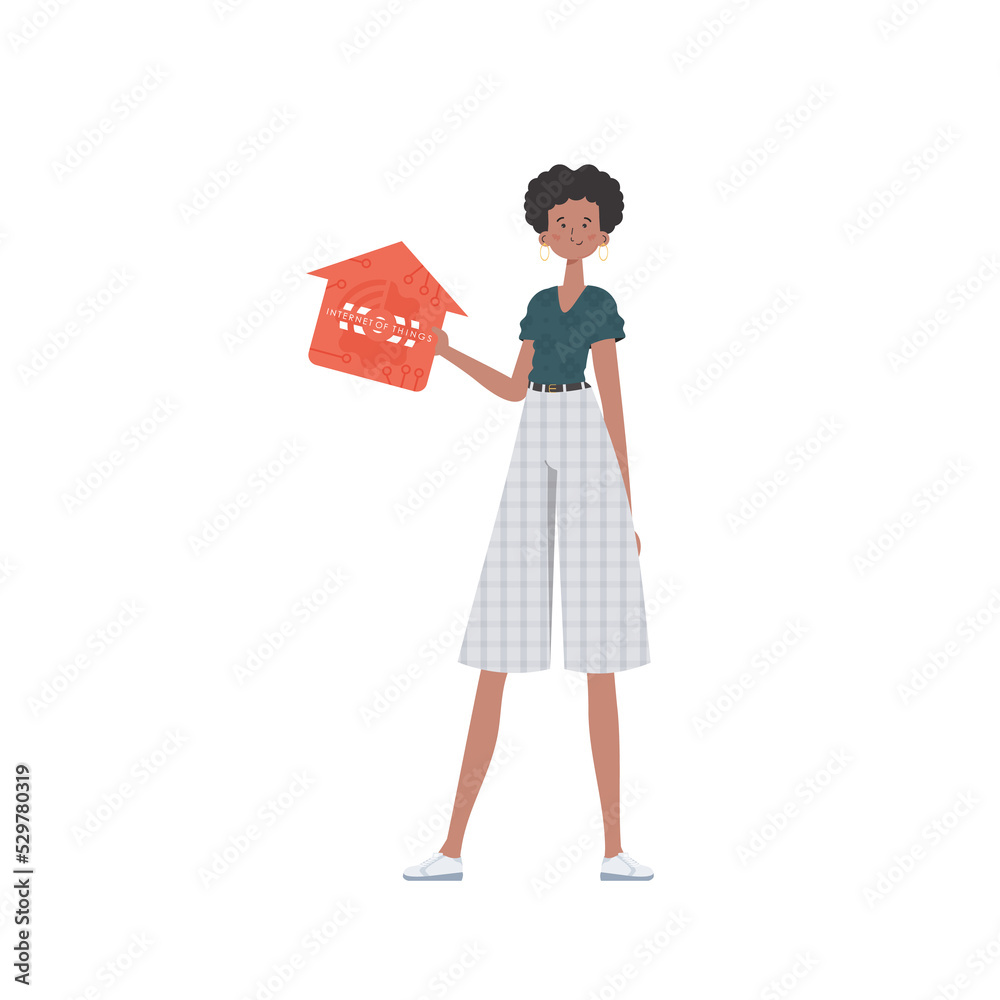 The woman is depicted in full growth, holding an icon of a house in her hands. IOT and automation concept. in flat style. The woman is depicted in full growth, holding an icon of a house in her hands. IOT and automation concept. in flat style.