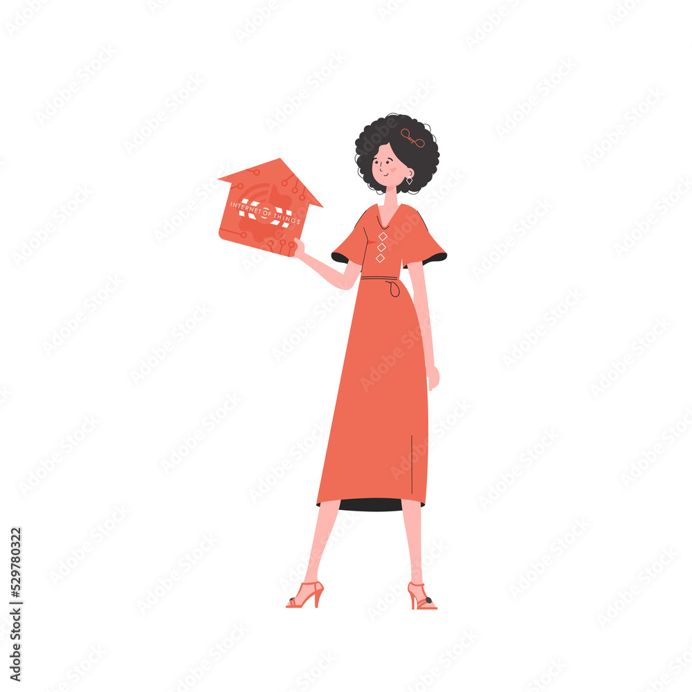 The woman is depicted in full growth, holding an icon of a house in her hands. Internet of things concept. in trendy flat style. The woman is depicted in full growth, holding an icon of a house in her hands. Internet of things concept. in trendy flat style.