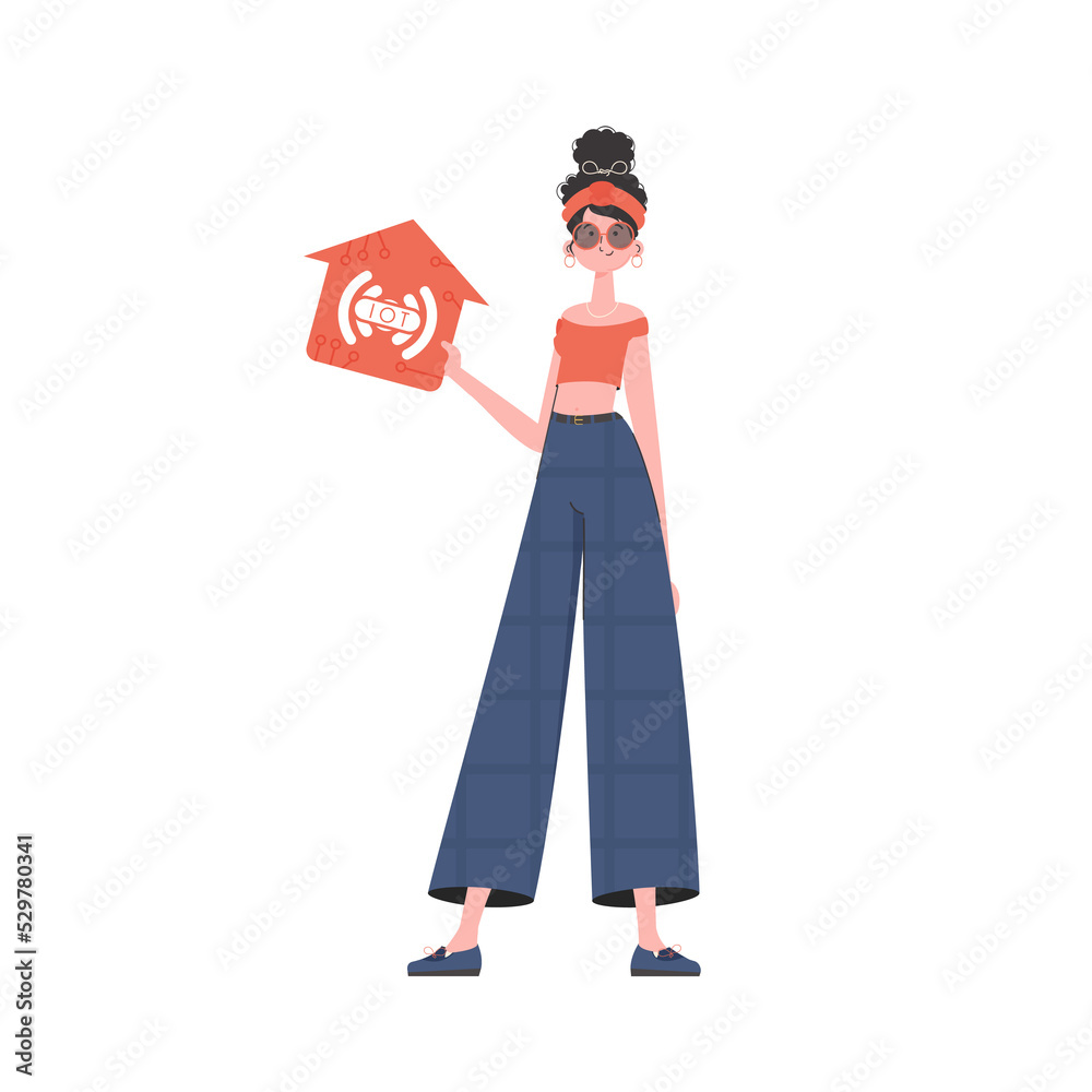 The woman is depicted in full growth, holding an icon of a house in her hands. IoT concept. in trendy flat style. The woman is depicted in full growth, holding an icon of a house in her hands. IoT concept. in trendy flat style.