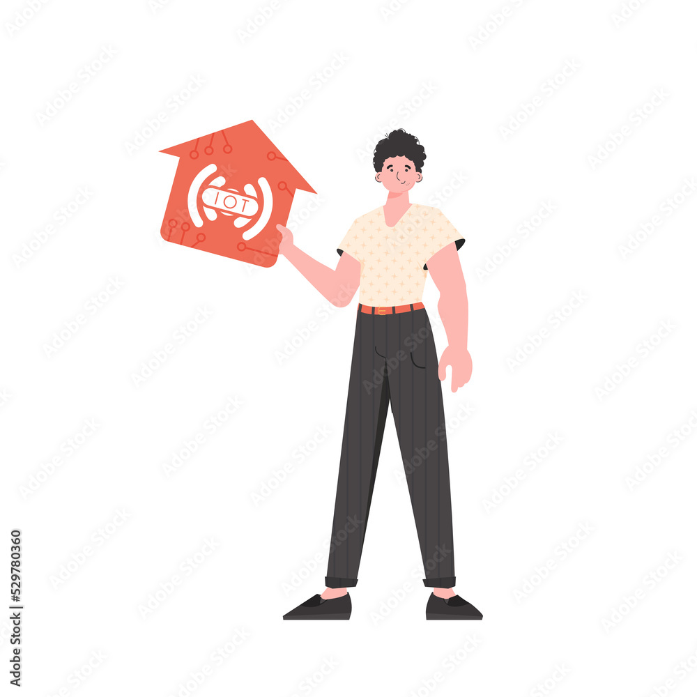 The man is depicted in full growth, holding the icon of the house in his hands. Internet of things concept. in flat style. The man is depicted in full growth, holding the icon of the house in his hands. Internet of things concept. in flat style.