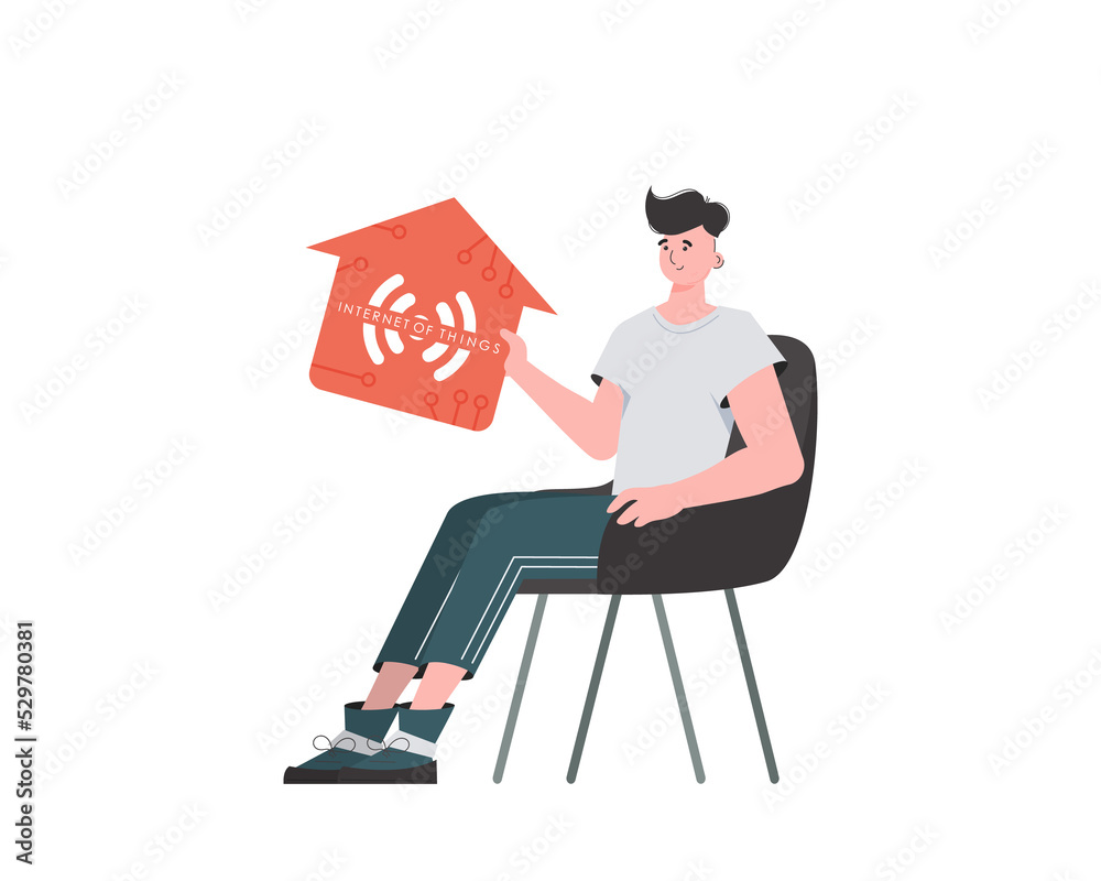 A man sits in a chair and holds a house icon in his hands. IoT concept.     in flat style.