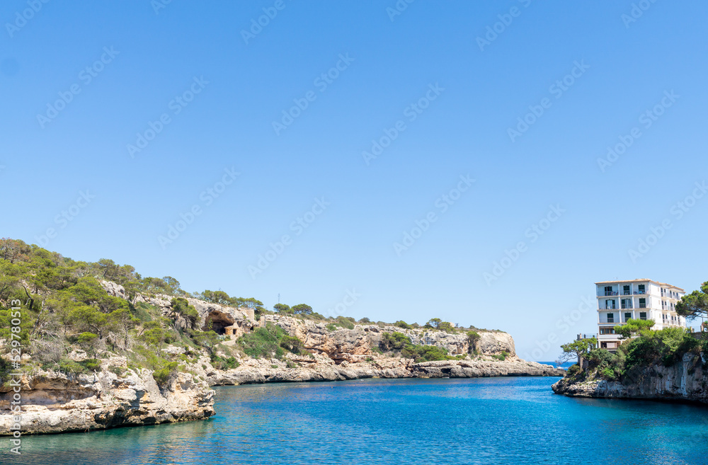 Views of the Mediterranean Sea in Cala Figuera on the island of Mallorca in Spain.