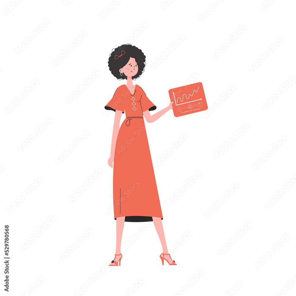A woman holds a panel with analyzers and indicators in her hands. IOT and automation concept. in trendy flat style. A woman holds a panel with analyzers and indicators in her hands. IOT and automation concept. in trendy flat style.
