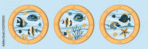 Porthole with colorful underwater life, fishes. Marine animals in ocean. Set of marine life objects for your design. Vector illustration.
