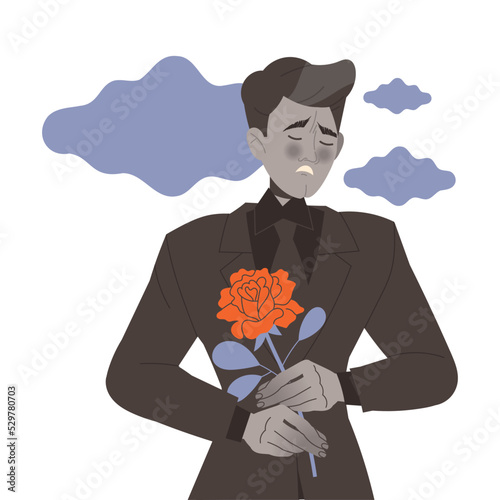 Stressed Man Character with Red Rose Feeling Sadness and Loneliness Vector Illustration